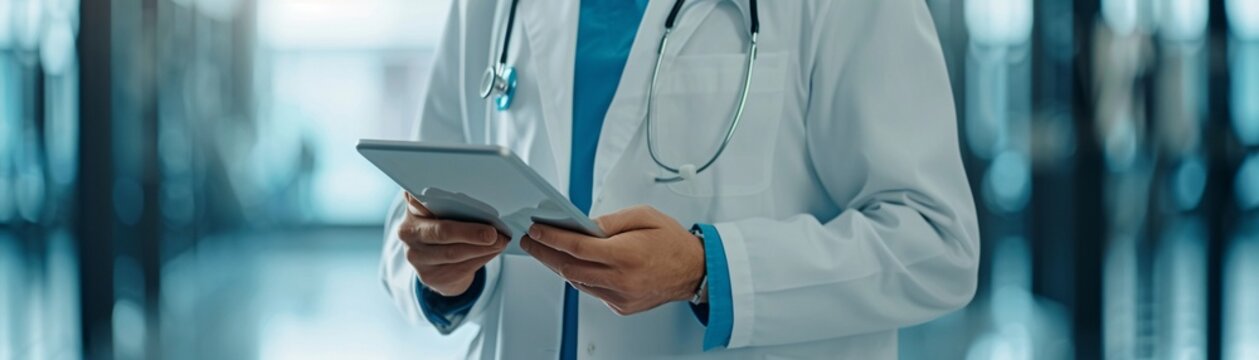 Clinical trial coordinator reviewing patient data on a tablet, photorealistic, high detail