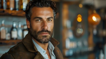 Obraz premium Close-up portrait of a confident man with a thoughtful expression, perfect for themes of lifestyle, business, and personal development.