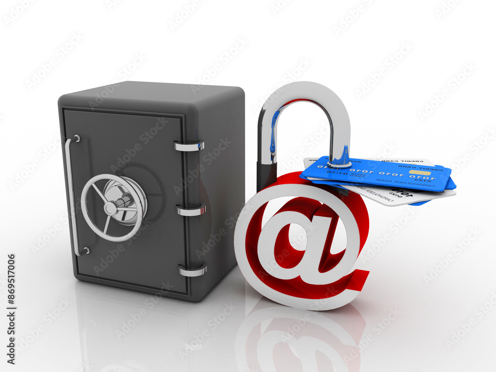 Poster 3d rendering e-mail lock with debit card . internet security concept