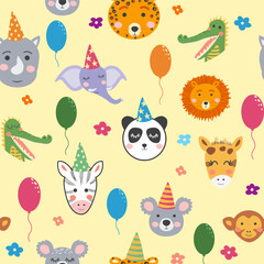 Seamless pattern with cute animal faces. Holiday illustration, birthday, balls, caps.