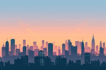 Fototapeta premium Minimalist urban skyline at sunset, with silhouette buildings and a gradient sky.