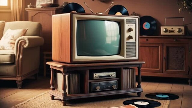 a vintage television set with a wooden cabinet and a few knobs on the front. The TV is placed on a old wooden TV stand, with a few vintage electronics and a few vinyl records surrounding it. The backg