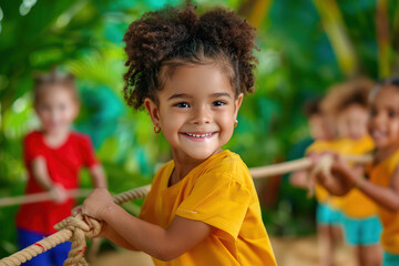 Happy Children Playing Tug-of-War Game Outdoors on a Sunny Day, Celebrating Children's Day with Fun and Teamwork, Perfect for School Events, Parties, and Summer Activities