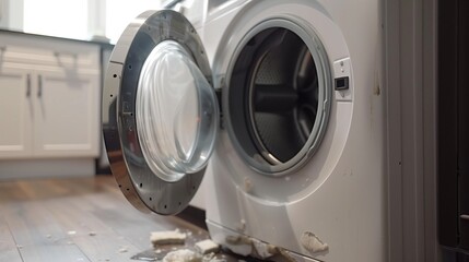 Open washing machine with spilled detergent in a modern kitchen. Concept of household chores and laundry mishaps. Background of a messy kitchen.
