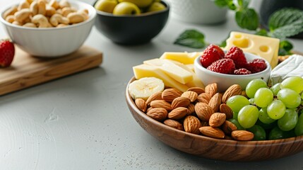 Minimalist Snack Platter for Remote Workers: Nuts, Fruits, and Cheese on White Background