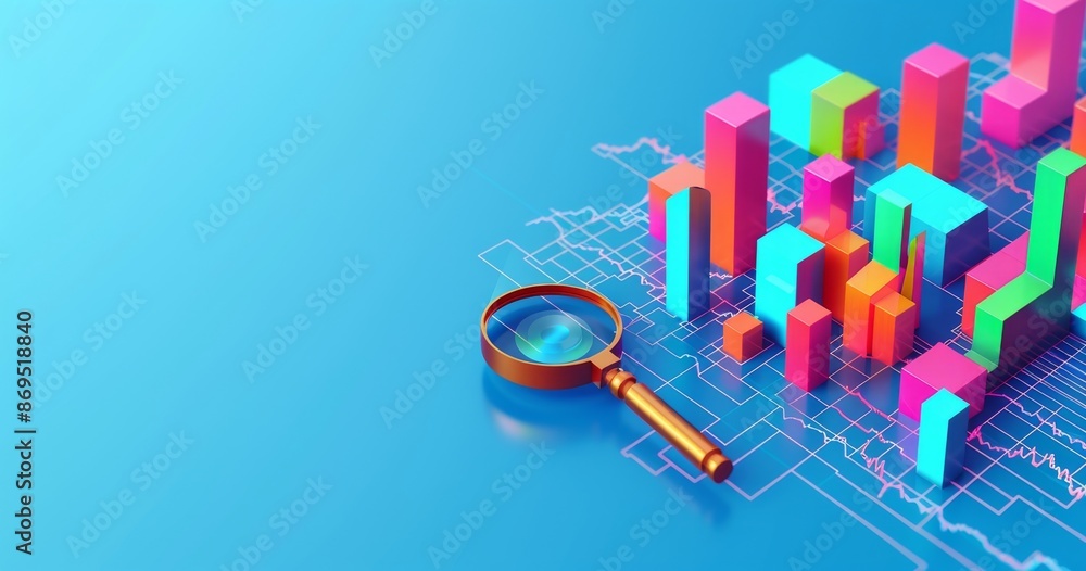 Poster magnifying glass focusing on colorful bar graph data