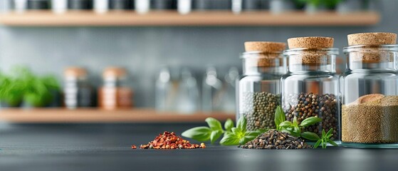 Collection of assorted spices in glass jars with blurred kitchen background, showcasing fresh and dried herbs for culinary use.