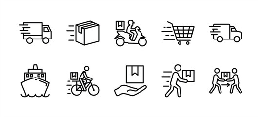 Delivery line icon set. Shipping or shipment transportation. Containing truck, ship, box, package, cart, courier, bicycle, motorcycle, product, and client. Vector illustration