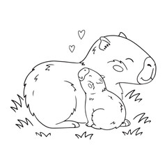 cute capybara mama  with baby in cartoon style, coloring page for kids, black outline vector illustration isolated on white background, template for coloring or activity books for children 