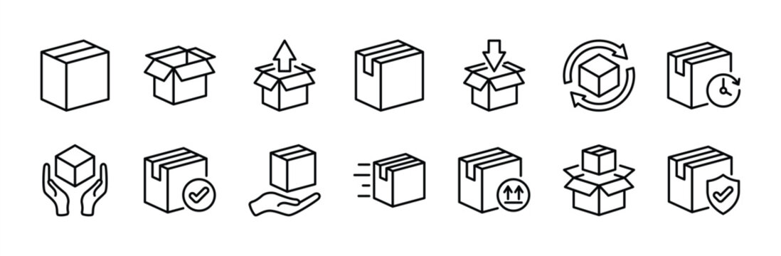 Package box line icon vector set. Containing open cardboard, fast delivery box, container, parcel protection, storage, good packing, fragile, wrapped, offer, processed, product shipping, merchandise