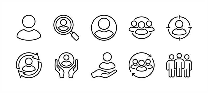 Client, consumer, user, human, people, employee thin line icon vector set. Containing human resource, searching, target, care, update or progress, group, team, leadership, teamwork, recruitment