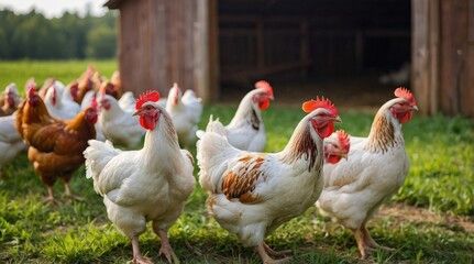 Fototapeta premium Photo adult woman group of chickens on the farm