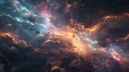 Obraz premium Serene yet powerful portrayal of electric currents as glowing lines intertwine and dance amidst the splendor of the cosmic panorama.