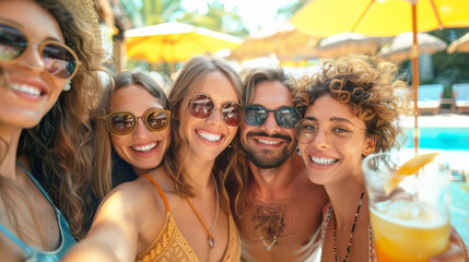 Fototapeta premium A group of smiling friends, wearing sunglasses and summer attire, take a selfie at the pool