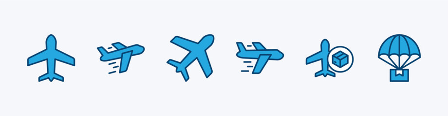 Fototapeta premium Set of air shipping icon. Containing plane, airplane, package, air balloon, aircrafts, aeroplane, transportation, airline, express, delivery, and logistic. Vector illustration