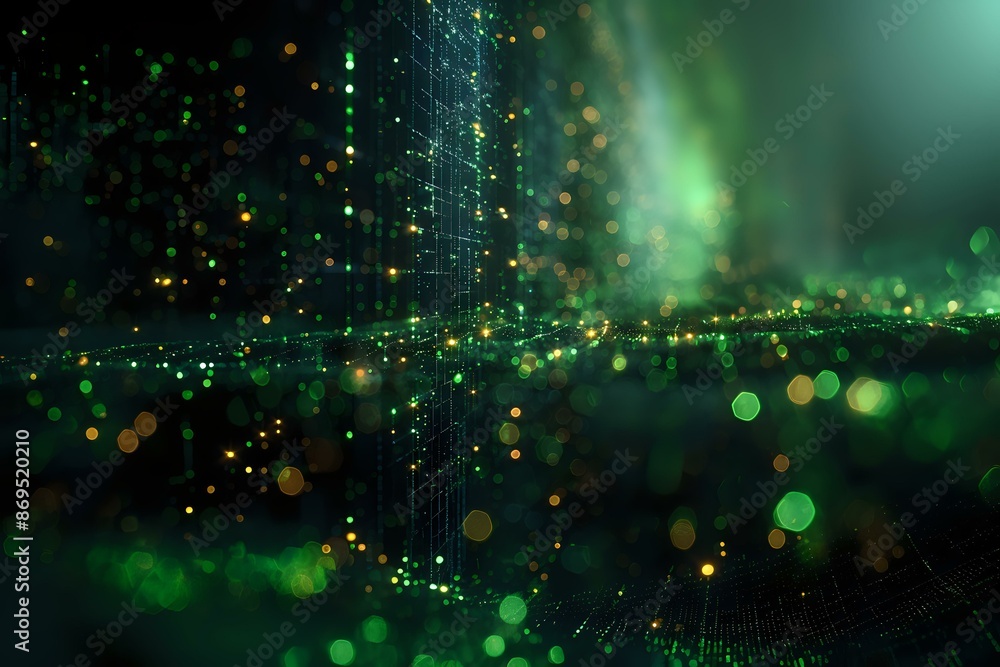 Poster abstract scene with green and yellow glowing lights, creating a futuristic and dynamic atmosphere. i