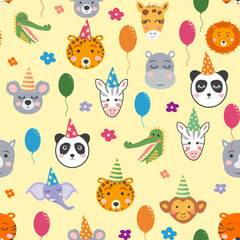 Seamless pattern with cute animal faces. Holiday illustration, birthday, balls, caps.