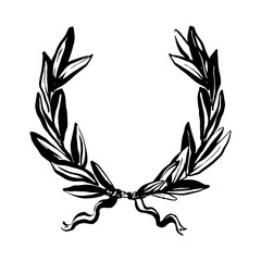 Obraz premium Laurel wreath with a ribbon, hand drawn engraving vector illustration, line art