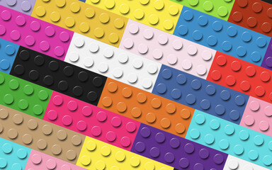Many plastic building toy blocks background. Wallpaper of bricks in different colors. Close-up of a colorful bricks. Abstract vector background illustration