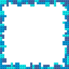 Fototapeta premium Blue frame composed of three shades of blue plastic toy blocks. Colorful brick banner isolated on a white background. Simple bricks template. Abstract vector background