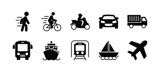 Transportation flat icon set. Transport icon collection. Containing walk, bicycle, motorcycle, motorbike, train, car, truck, aeroplane, plane, bus, ship, sailboat, and aircraft for delivery