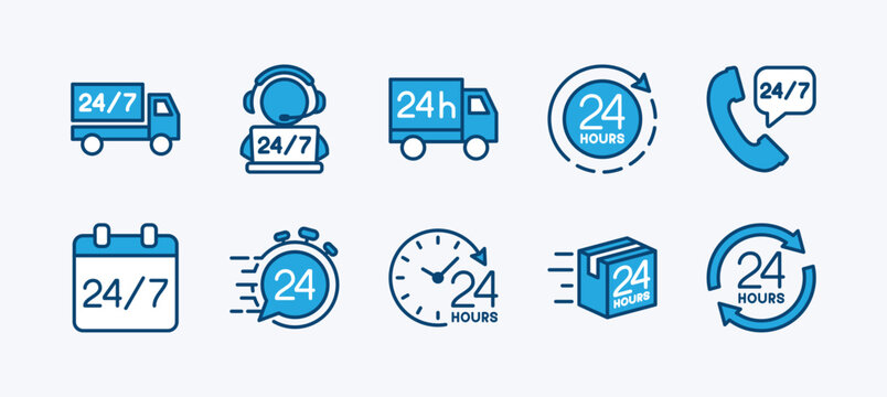 Set of all day 24 hours icon vector. Time, clock, timer, stopwatch symbol. Containing delivery, shipping, customer service, contact support, express or fast, call center, calendar, and progress