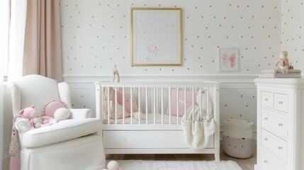 Airy nursery for a baby girl features white furniture and pastel pink accents, complemented by golden polka dot wallpaper.
