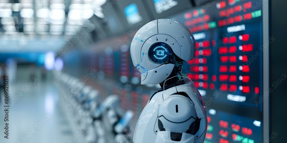 Poster robots take over stock exchange jobs replacing human workers with automation. concept automation in 