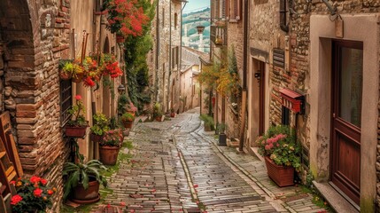 Charming, narrow street in Spello, an ancient town in Italy.