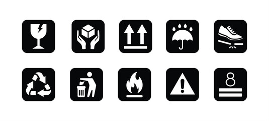 Fragile package flat icon vector set. Delivery or shipping labels. Containing handle with care, side up, keep dry, step on, throw garbage, flammable, stack max, warning, recyclable, caution