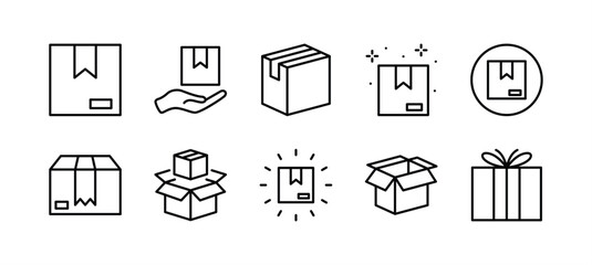 Delivery or shipping package box thin line icon set. Storage or container box. Containing parcel, cardboard, product, gift, surprise, shipment, merchandise, open. Vector illustration