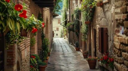 Fototapeta premium Charming, narrow street in Spello, an ancient town in Italy.