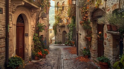 Fototapeta premium Charming, narrow street in Spello, an ancient town in Italy.