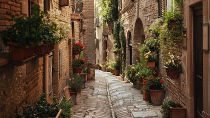 Fototapeta premium Charming, narrow street in Spello, an ancient town in Italy.