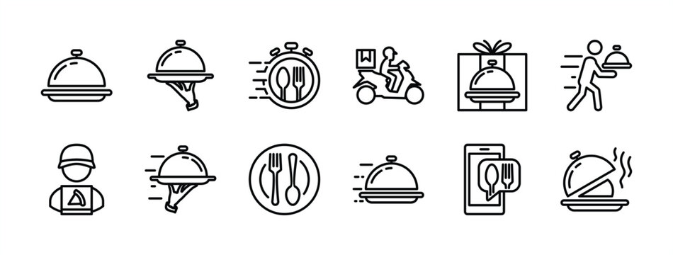 Food delivery thin line icon vector set. Express, fast, speed or quick service for shipping catering order online. Containing tray, cloche, courier, time, fork, spoon, plate, package, waiter
