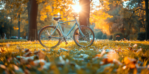 Fototapeta premium A bicycle is parked in grass against the backdrop of a sunny autumn park on World Car Free Day