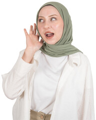 OMG face expression, surprised muslim woman in hijab listening gossip open mouth and omg face expression. Curious, secret, shock caucasian model with head scarf lady Transparent png image.