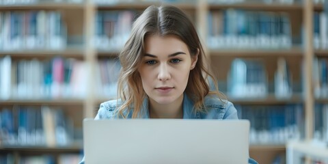 Female student studying in library with laptop blurred background of other people. Concept Education, Library, Student Life, Technology, Study Habits