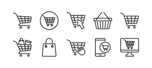 Shopping cart thin line icon vector set. Containing bag, basket, full, empty, online shop business, click button. Purchase, buy, sell, and sale in supermarket with cart for app and website © Vilogsign