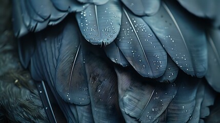 Obraz premium Close-up of dark feathers with water droplets, perfect for luxury branding, nature-themed designs, and artistic projects. Ideal for adding texture and elegance to creative works.