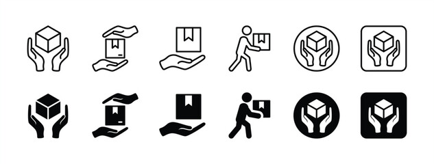 Package label icons handle with care. Delivery and shipping label. Containing cardboard box, hand, delivery, fragile, parcel, stamp, sticker, careful, warning, pick up, take away. Vector illustration
