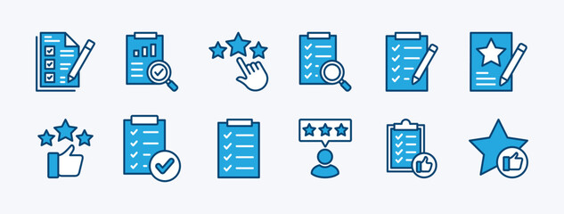 Set of feedback, rating, review, satisfaction, positive comment, like, opinion, and evaluation icon. Containing star, checklist, thumb up, customer service, good support, survey, and analysis result