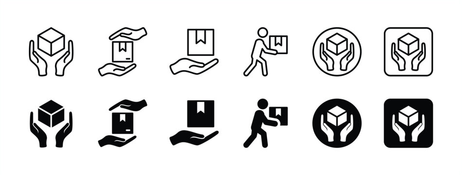 Package label icons handle with care. Delivery and shipping label. Containing cardboard box, hand, delivery, fragile, parcel, stamp, sticker, careful, warning, pick up, take away. Vector illustration