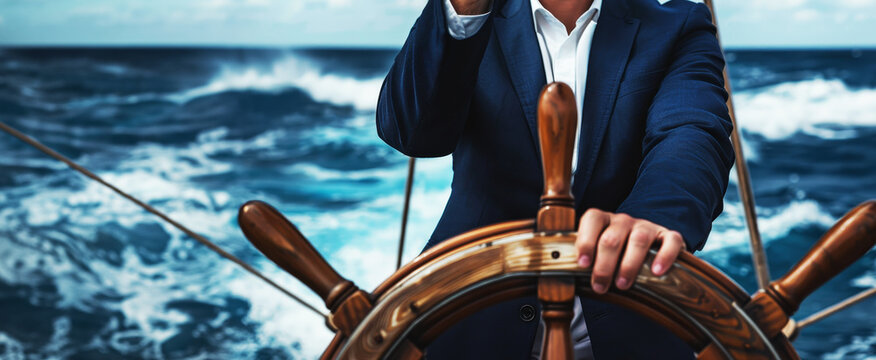 businessman in suit is at the helm of his ship, he has one hand on wheel and other holds phone to ear , sailing through rough sea . Close up with copy space concept for business vision or freedom