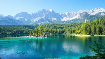 Naklejka premium Serene and breathtaking, Lake Eibsee nestles amidst the majestic Zugspitze alps, its turquoise waters reflecting the surrounding peaks.