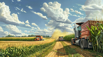 Obraz premium A combine harvester harvests green corn and fills up trucks.