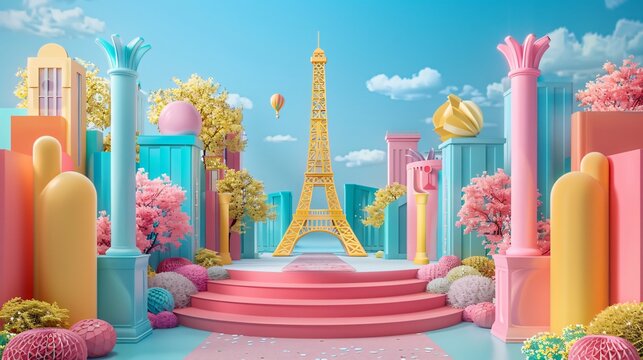 Colorful 3D Render of Adorable Empty Podium Against Lively Paris Backdrop with Eiffel Tower and Playful Cityscape