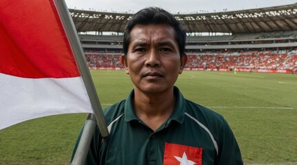 Photo spectator with indonesian flag at soccer stadium