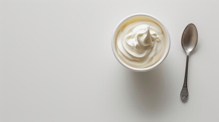 Yogurt in a white cup with a spoon next to it on a white background.