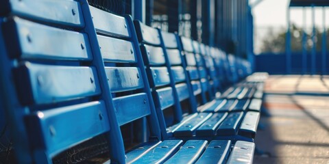 Outside sports stadium bench with blue backup chairs for players, coaches, and personnel